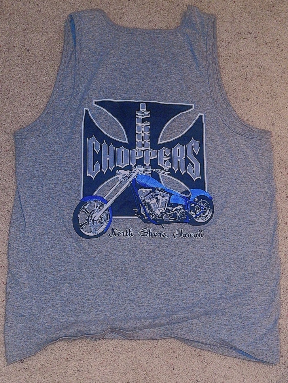 Hawaii Choppers Tank Top Graphic on the back - Grey with Blue Motorcycle